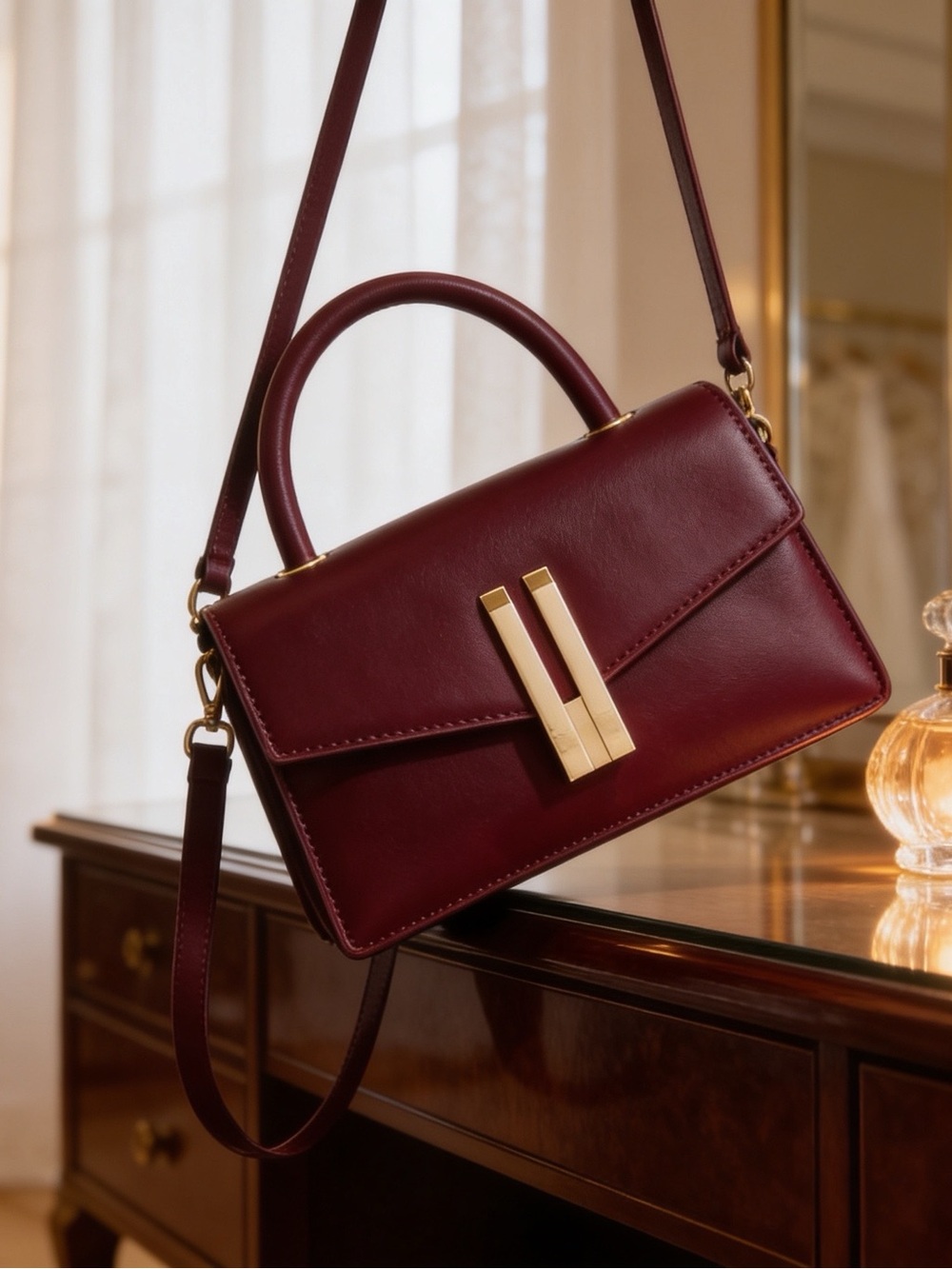 Structured Red Top-Handle Satchel with Gold Hardware